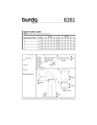 Patron Burda 6261 Pyjama et pyjashort pour femmes de 36 à 46