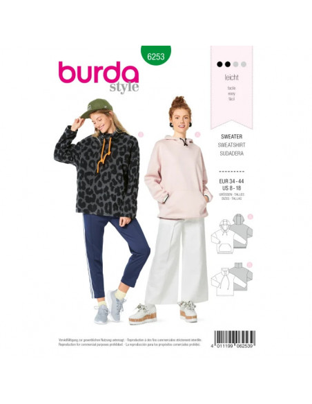Patron Burda 6253 Sweat shirt pour femmes de 34 à 44