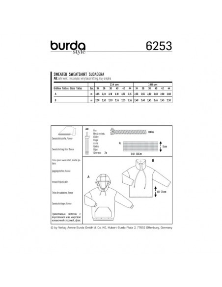 Patron Burda 6253 Sweat shirt pour femmes de 34 à 44