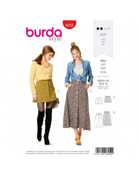 Patron Burda 6252 Jupe évasée pour femmes de 34 à 44