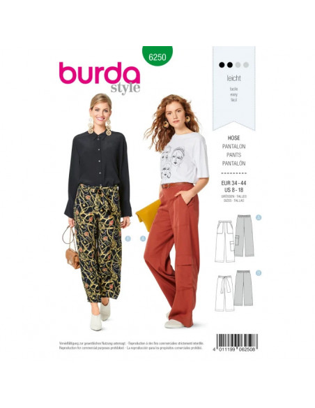 Patron Burda 6250 Pantalon ample pour femmes de 34 à 44