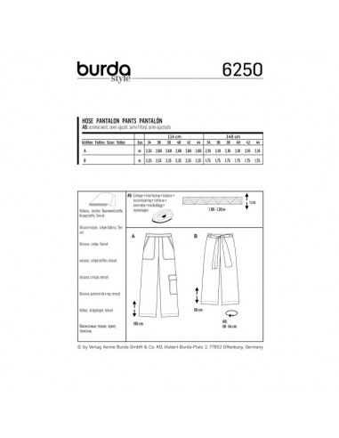 Patron Burda 6250 Pantalon ample pour femmes de 34 à 44