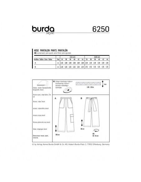 Patron Burda 6250 Pantalon ample pour femmes de 34 à 44
