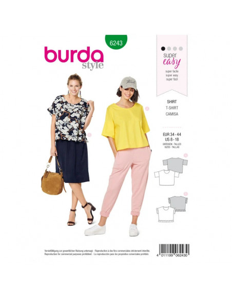 Patron Burda 6243 Tee-Shirt  femme carré, avec ou sans volants - du 34 au 44
