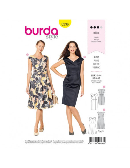 Patron Burda 6236 Robe crayon à effet croisé, encolure portrait en V épaules tombantes - du 34 au 44