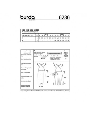 Patron Burda 6236 Robe crayon à effet croisé, encolure portrait en V épaules tombantes - du 34 au 44