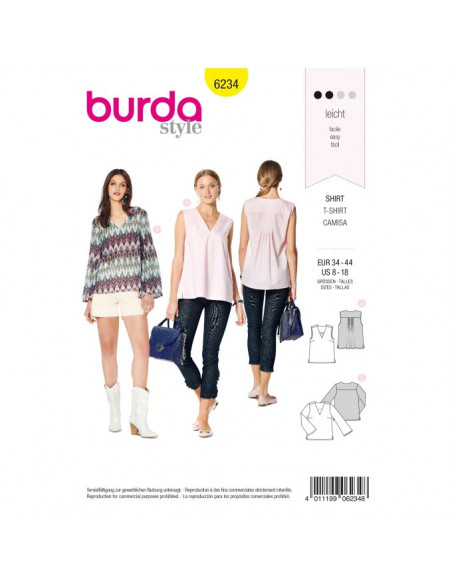 Patron Burda 6234 Blouse femme encolure en V avec ou sans manches longues - du 34 au 44
