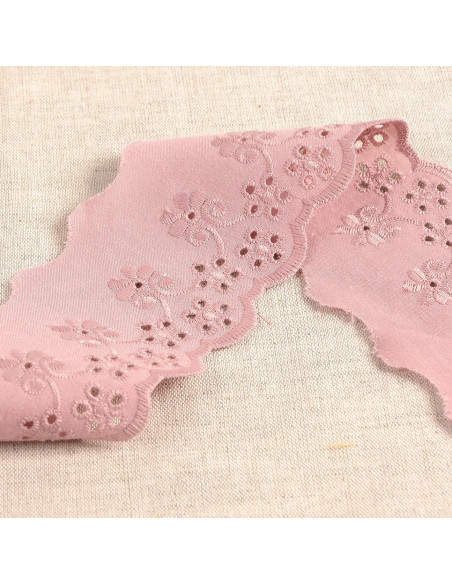 Ruban broderie anglaise, 55mm, fleurs, vieux rose