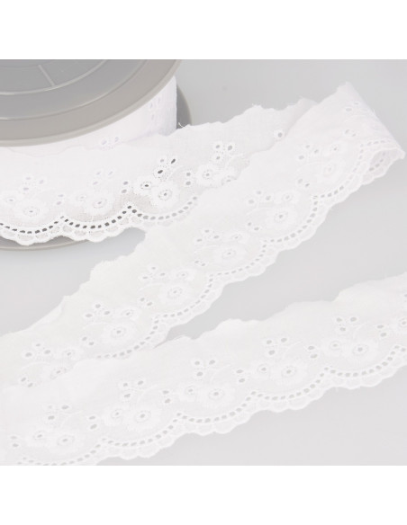 Ruban broderie anglaise, 45mm, fleurs, blanc