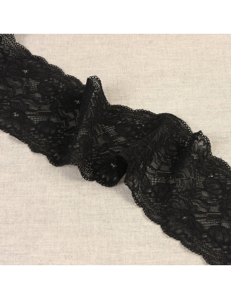 Ruban dentelle élastique fleurs, 10cm, noir