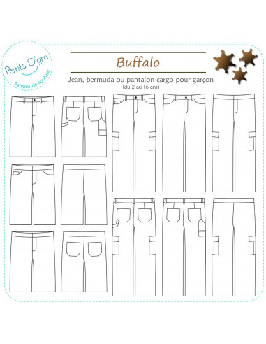 Patron Petits D'om, Buffalo,  jean, bermuda ou pantalon cargo pour garçon, 2 à 16 ans