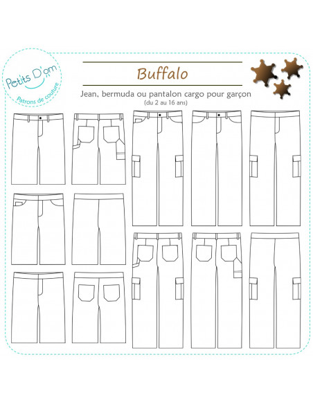 Patron Petits D'om, Buffalo,  jean, bermuda ou pantalon cargo pour garçon, 2 à 16 ans