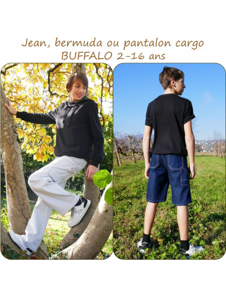 Patron Petits D'om, Buffalo,  jean, bermuda ou pantalon cargo pour garçon, 2 à 16 ans