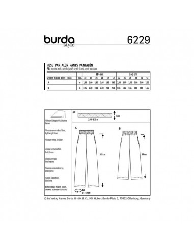Patron Burda 6229 Pantalon femme et pantacourt à coulisse élastique jambes amples - du 32 au 42