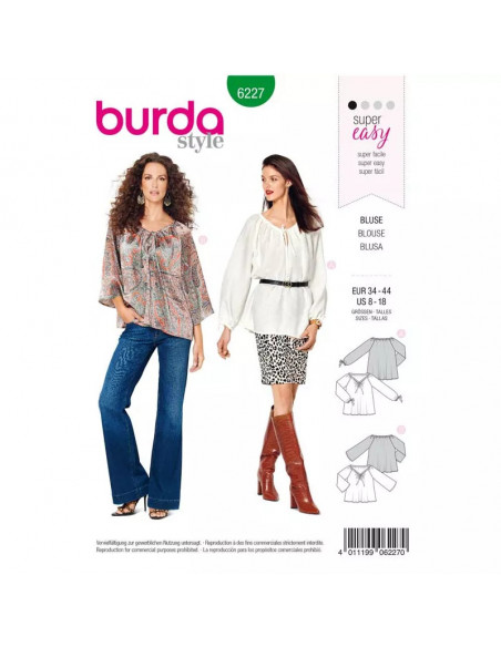 Patron Burda 6227 Blouse ou tunique femme Carmen – coulisse à ruban - du 34 au 44