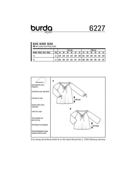 Patron Burda 6227 Blouse ou tunique femme Carmen – coulisse à ruban - du 34 au 44