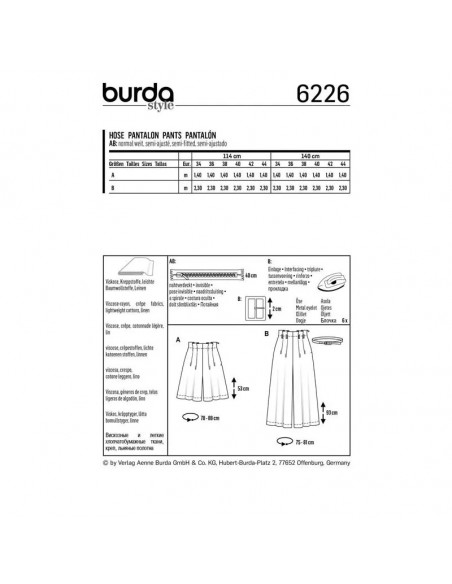 Patron Burda 6226 Bermuda femme ou pantalon façon jupe - culotte taille haute - du 34 au 44