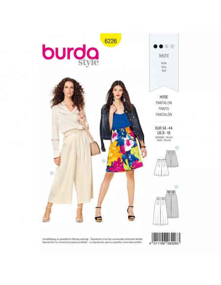 Patron Burda 6226 Bermuda femme ou pantalon façon jupe - culotte taille haute - du 34 au 44