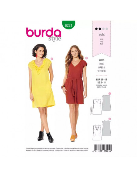 Patron Burda 6221 Robe trapèze sans manche encolure en V avec ou sans volant - du 34 au 44