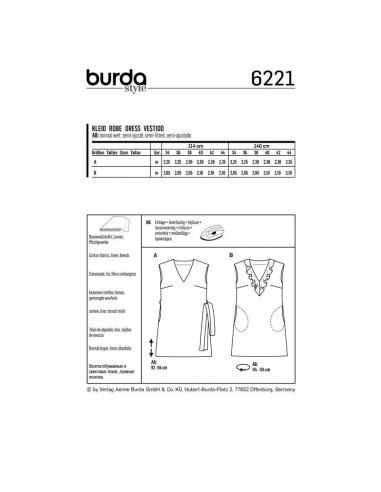 Patron Burda 6221 Robe trapèze sans manche encolure en V avec ou sans volant - du 34 au 44