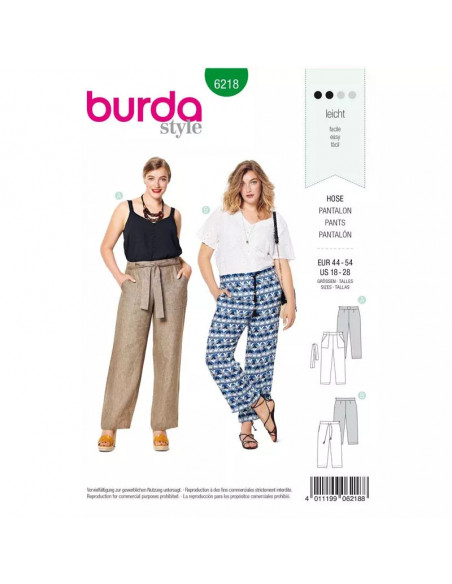 Patron Burda 6218 Pantalon ou pantacourt femme droit poches invisibles ou plaquées - du 44 au 54