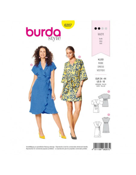 Patron Burda 6207 Robe kimono portefeuille arrondie et volantée avec ceinture nœud ruban - du 34 au 44