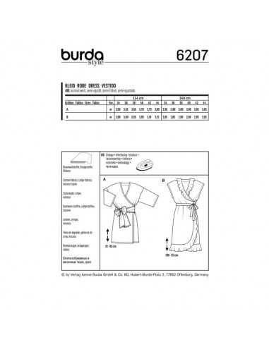 Patron Burda 6207 Robe kimono portefeuille arrondie et volantée avec ceinture nœud ruban - du 34 au 44