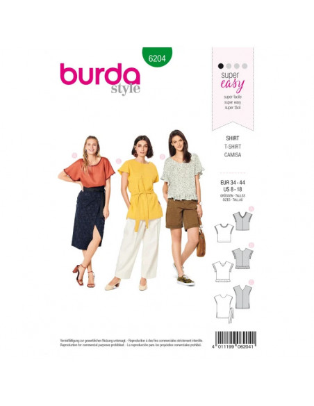 Patron Burda 6204 Tee-Shirt blouse femme réversible - du 34 au 44