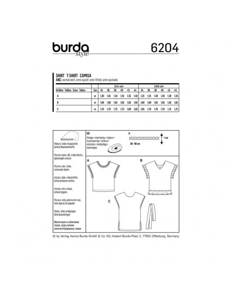 Patron Burda 6204 Tee-Shirt blouse femme réversible - du 34 au 44