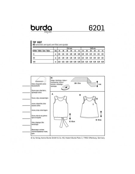 Patron Burda 6201 Top trapèze femme col rond avec ou sans ceinture ruban - du 34 au 44