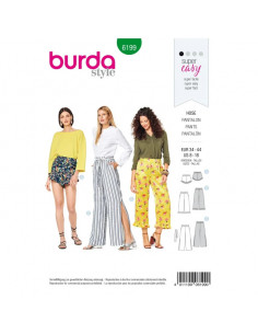 Patron Burda 6199 Pantalon léger femme, short ou pantacourt - volantés & taille élastiquée - du 34 au 44