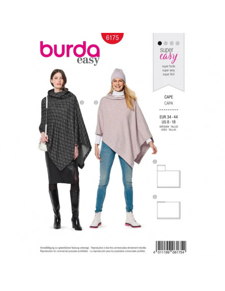 Patron Burda 6175 Cape rectangulaire à col roulé - du 34 au 44