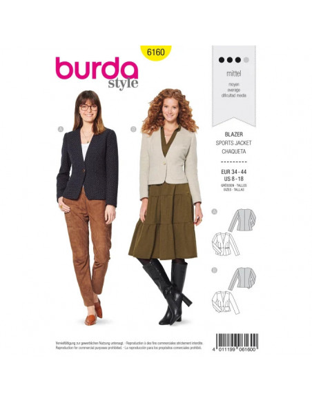 Patron Burda 6160 Veste blazer encolure en V - du 34 au 44