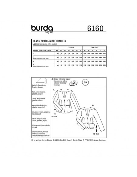 Patron Burda 6160 Veste blazer encolure en V - du 34 au 44