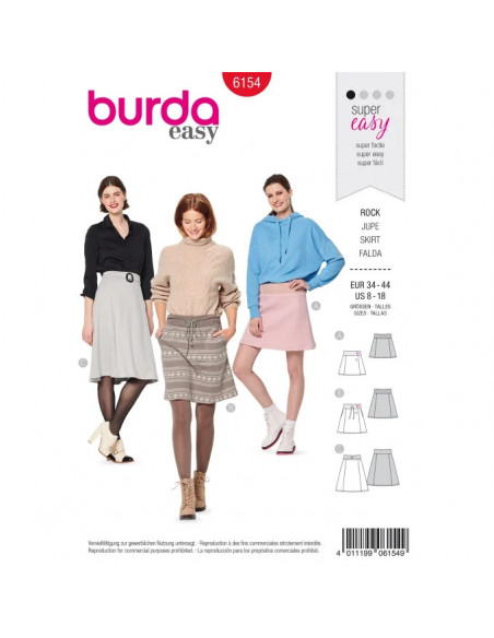 Patron Burda 6154 Jupe légèrement évasée ceinture extensible - du 34 au 44
