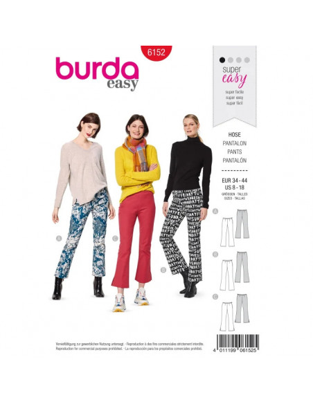 Patron Burda 6152 Pantalon pattes d'éléphant avec ceinture et fermeture à glissière sur le côté - du 34 au 44
