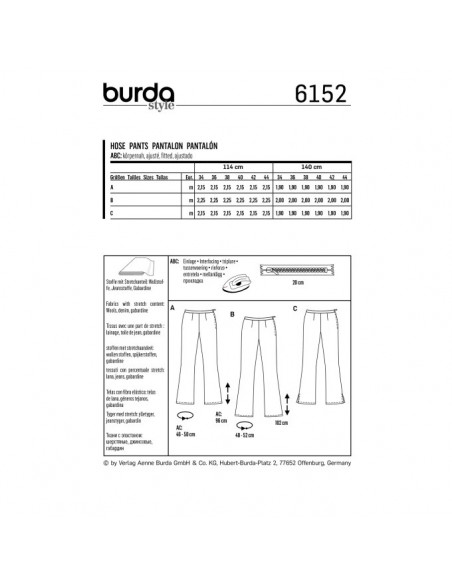 Patron Burda 6152 Pantalon pattes d'éléphant avec ceinture et fermeture à glissière sur le côté - du 34 au 44