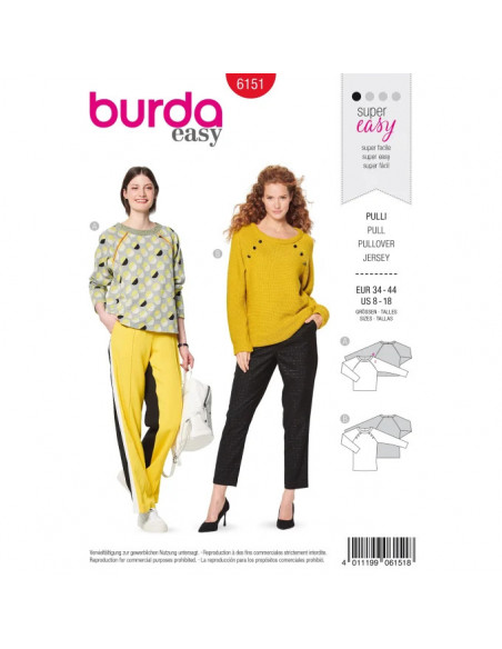 Patron Burda 6151 Sweater à manches raglan orné de boutons ou d'un passepoil - du 34 au 44
