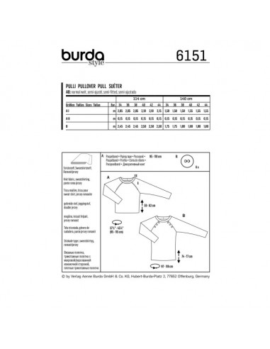 Patron Burda 6151 Sweater à manches raglan orné de boutons ou d'un passepoil - du 34 au 44