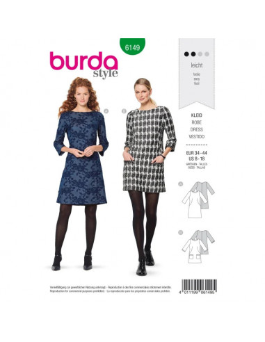 Patron Burda 6149 Robe encolure dégagée arrondie manches 3/4 - du 34 au 44