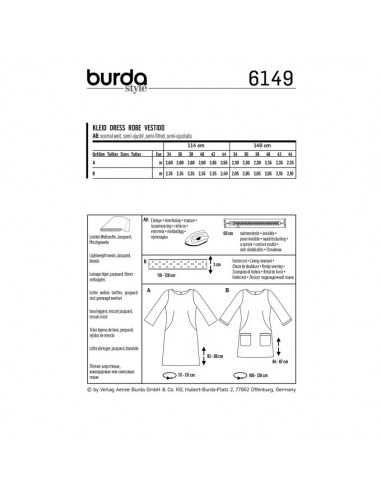 Patron Burda 6149 Robe encolure dégagée arrondie manches 3/4 - du 34 au 44