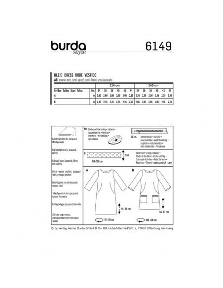 Patron Burda 6149 Robe encolure dégagée arrondie manches 3/4 - du 34 au 44