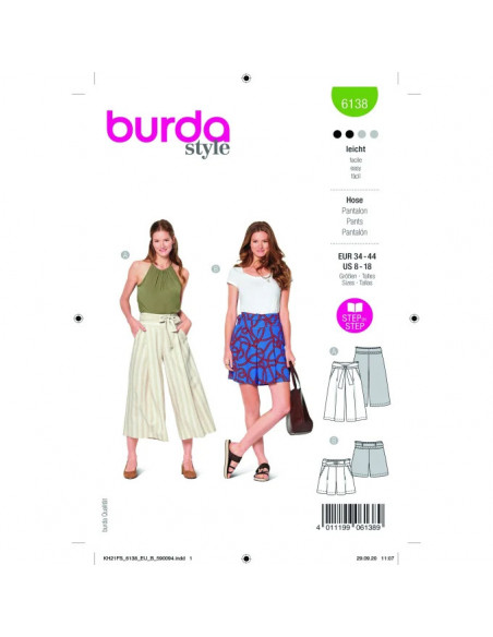 Patron Burda 6138 - Jupe - culotte ou short avec plis et poches sur l'avant du 34 au 44
