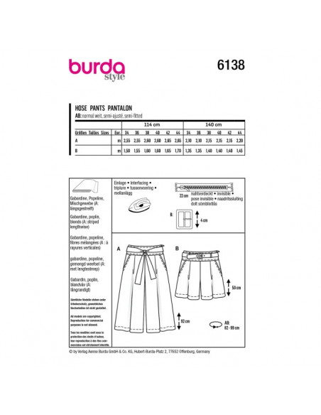 Patron Burda 6138 - Jupe - culotte ou short avec plis et poches sur l'avant du 34 au 44