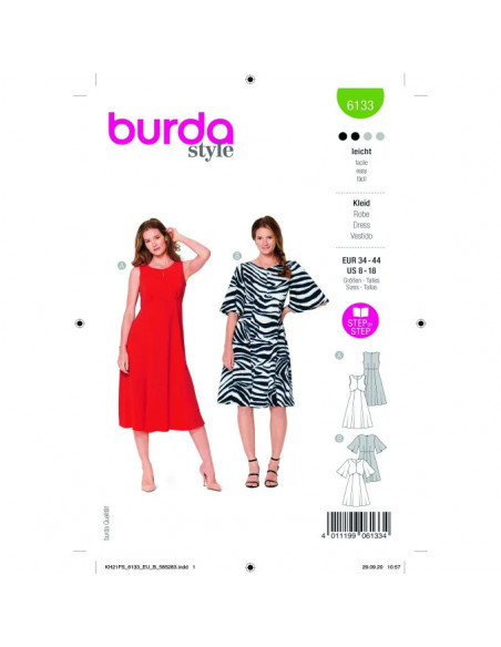 Patron Burda 6133 - Robes stylées avec jupe virevoltante du 34 au 44