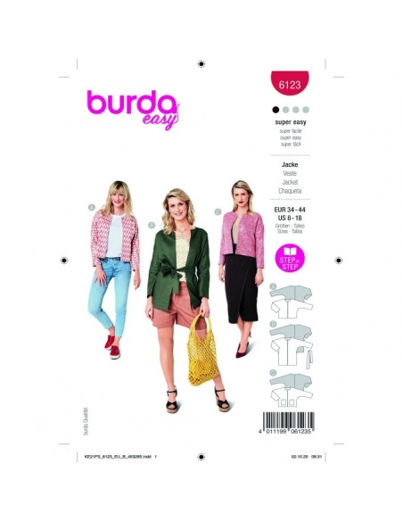 Patron Burda 6123- Veste sans col, coupe classique du 34 au 44