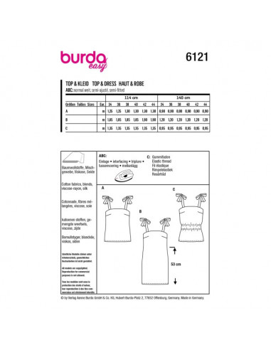Patron Burda 6121 - Tops faciles à coudre et robe courte à bretelles du 34 au 44
