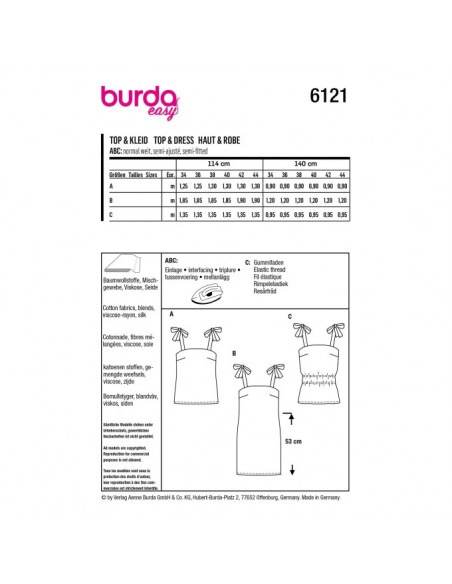 Patron Burda 6121 - Tops faciles à coudre et robe courte à bretelles du 34 au 44