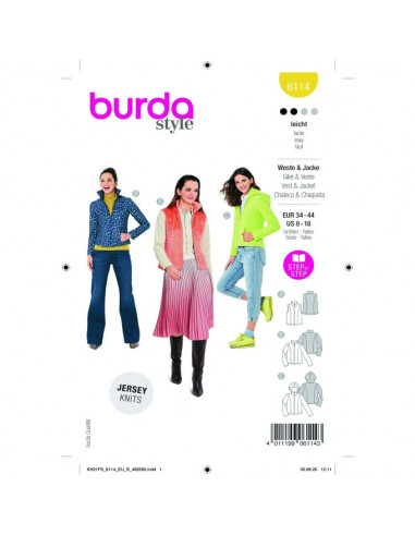 Patron Burda 6114 - Gilet ou Veste col montant ou a capuche du 34 au 44