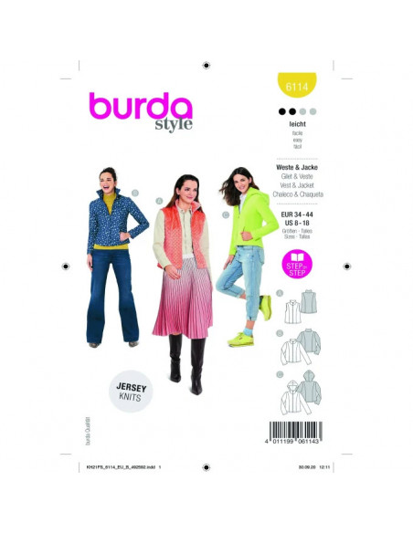 Patron Burda 6114 - Gilet ou Veste col montant ou a capuche du 34 au 44